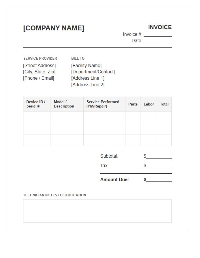 Infusion Pump Routine Service Invoice Template
