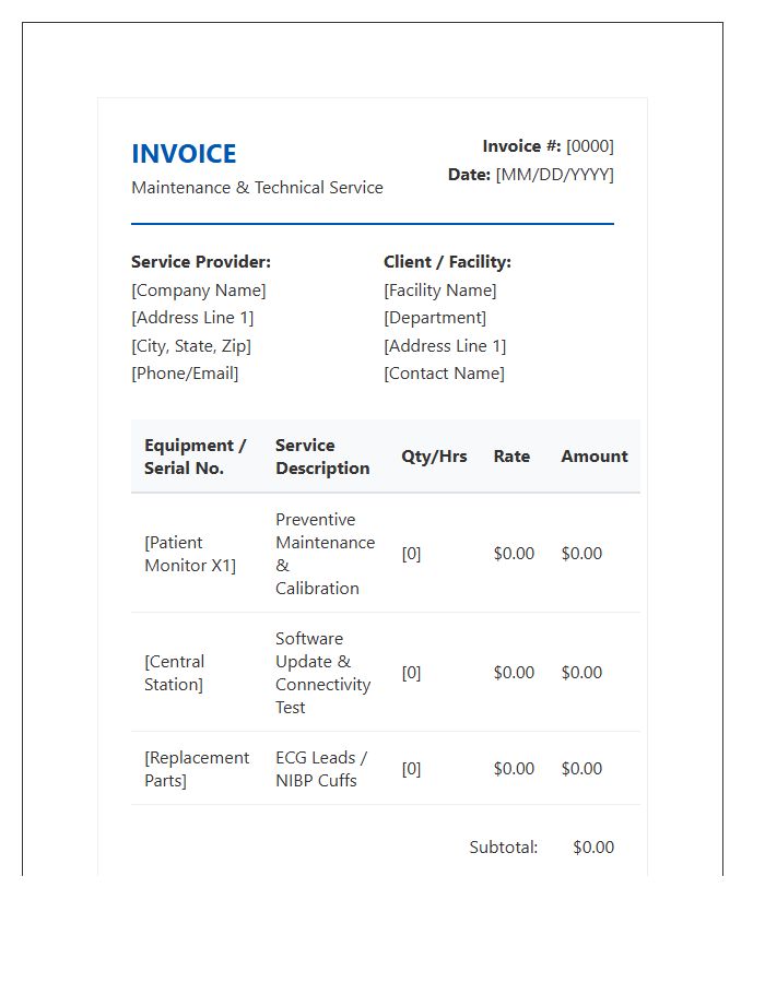 Patient Monitoring System Maintenance Invoice Template