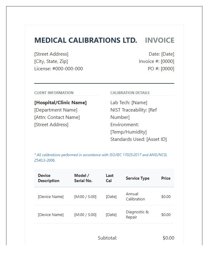 Professional Medical Device Calibration Invoice Template