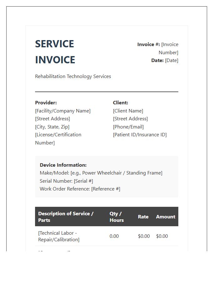Rehabilitation Device Technical Service Invoice Template