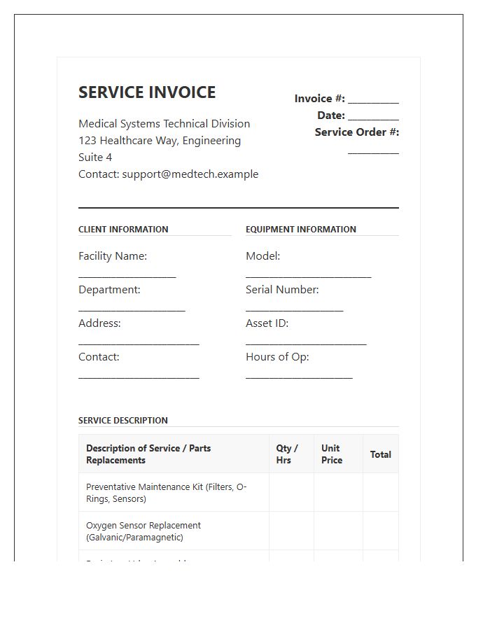 Ventilator System Technical Service Invoice Template
