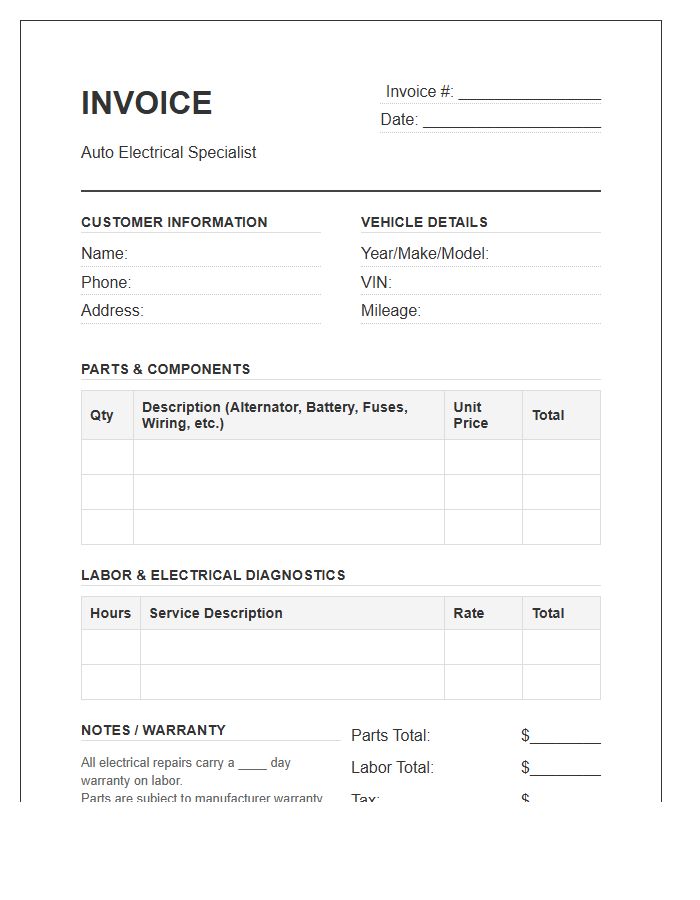 Auto Electrical System Repair Invoice Template