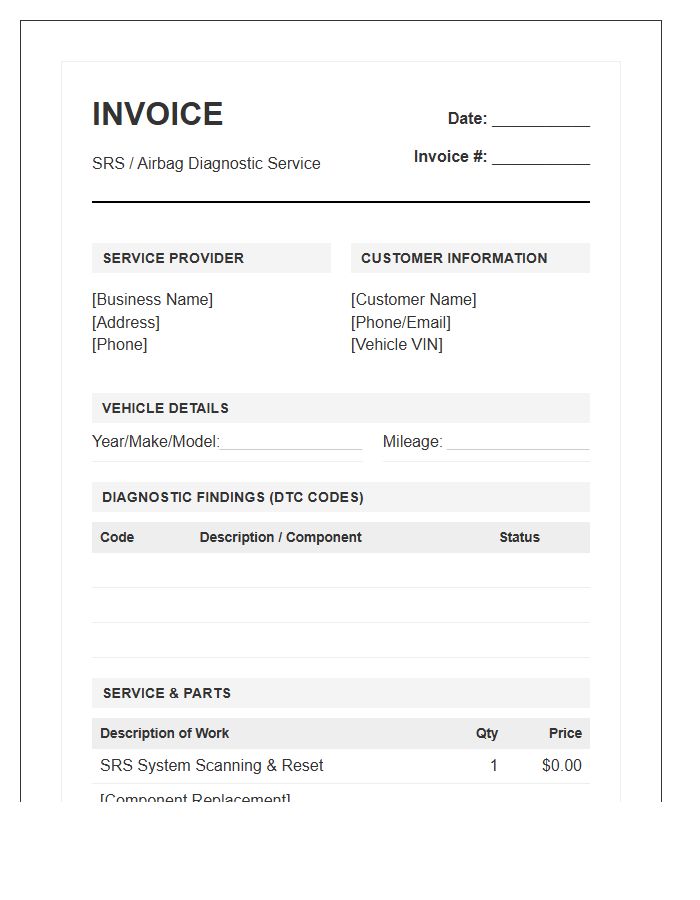 Automotive Airbag System Diagnostic Invoice Template