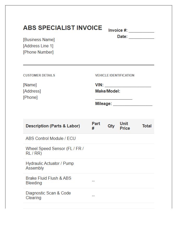 Automotive Anti Lock Braking System Invoice Template