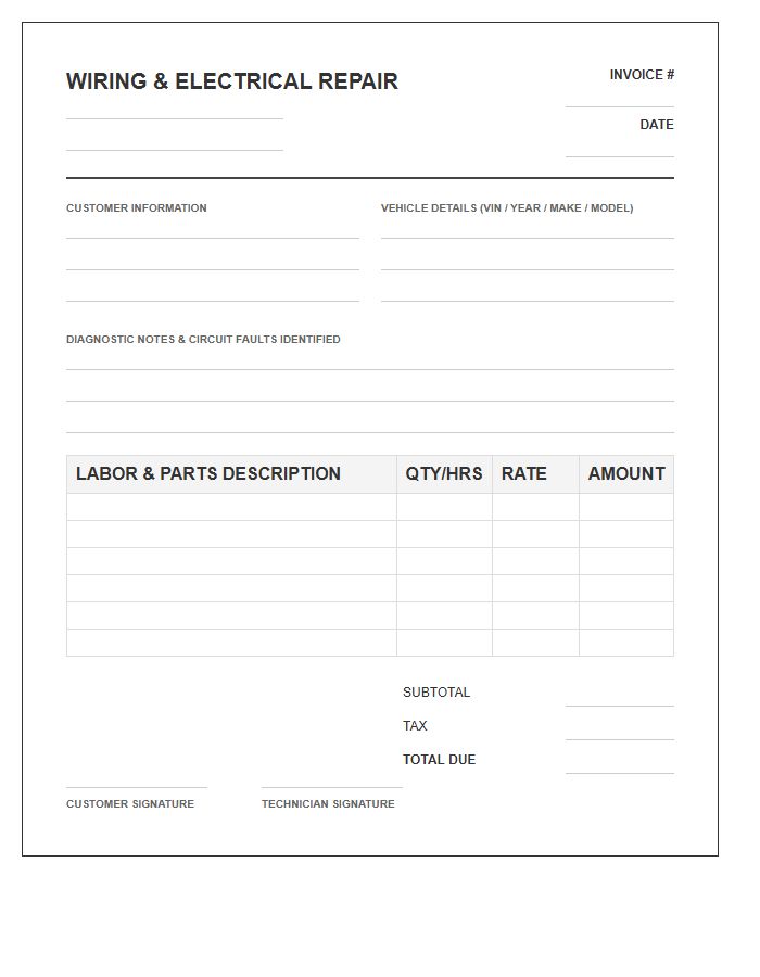 Automotive Wiring Circuit Repair Invoice Template
