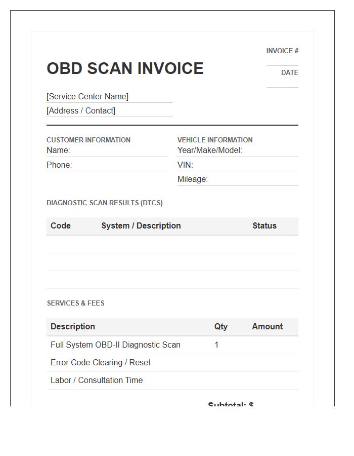 On Board Diagnostics Scanning Invoice Template