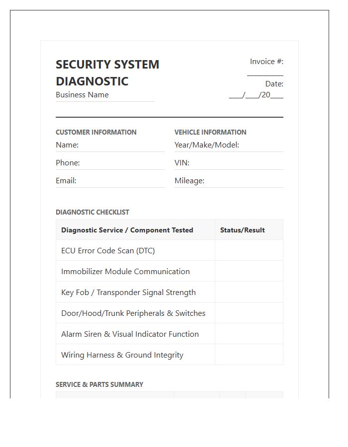 Vehicle Security System Diagnostic Invoice Template