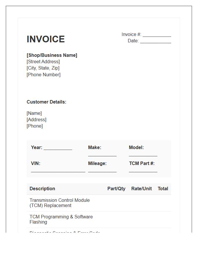 Vehicle Transmission Control Module Invoice Template