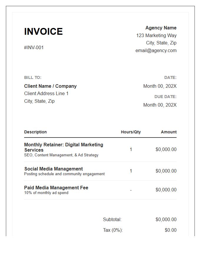 Digital Marketing Monthly Retainer Invoice Template