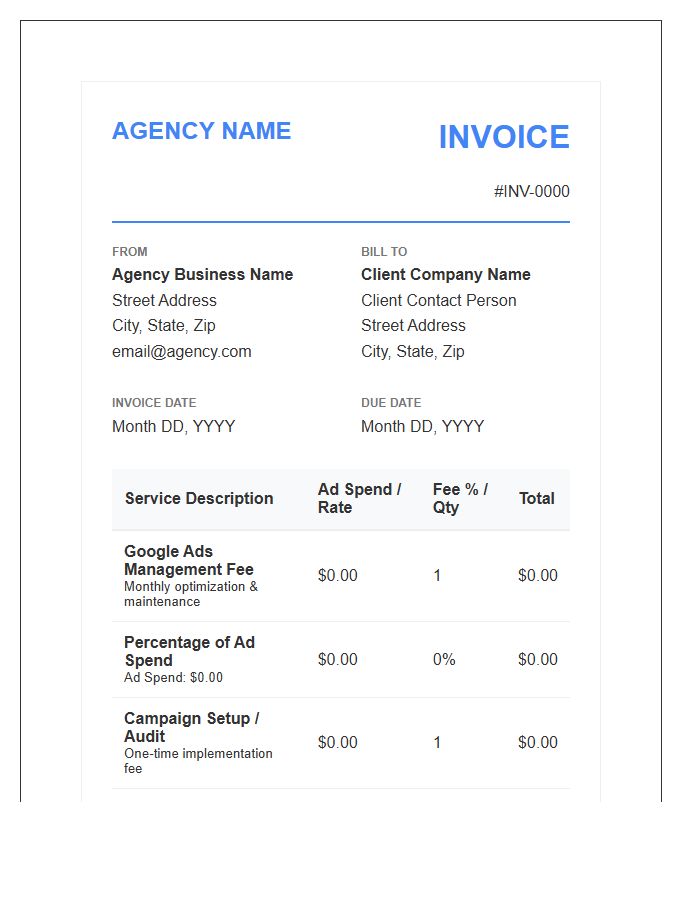 Google Ads Management Agency Service Invoice Template