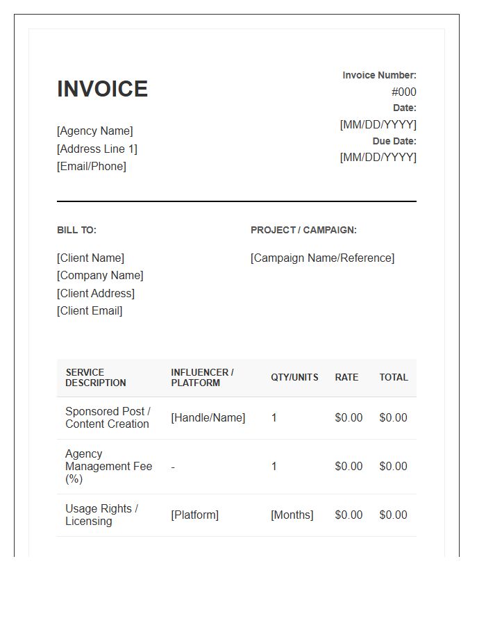 Influencer Marketing Agency Service Invoice Template