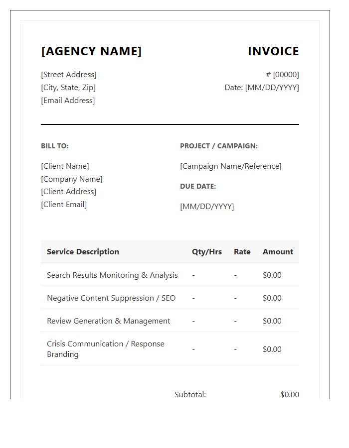 Online Reputation Management Agency Service Invoice Template