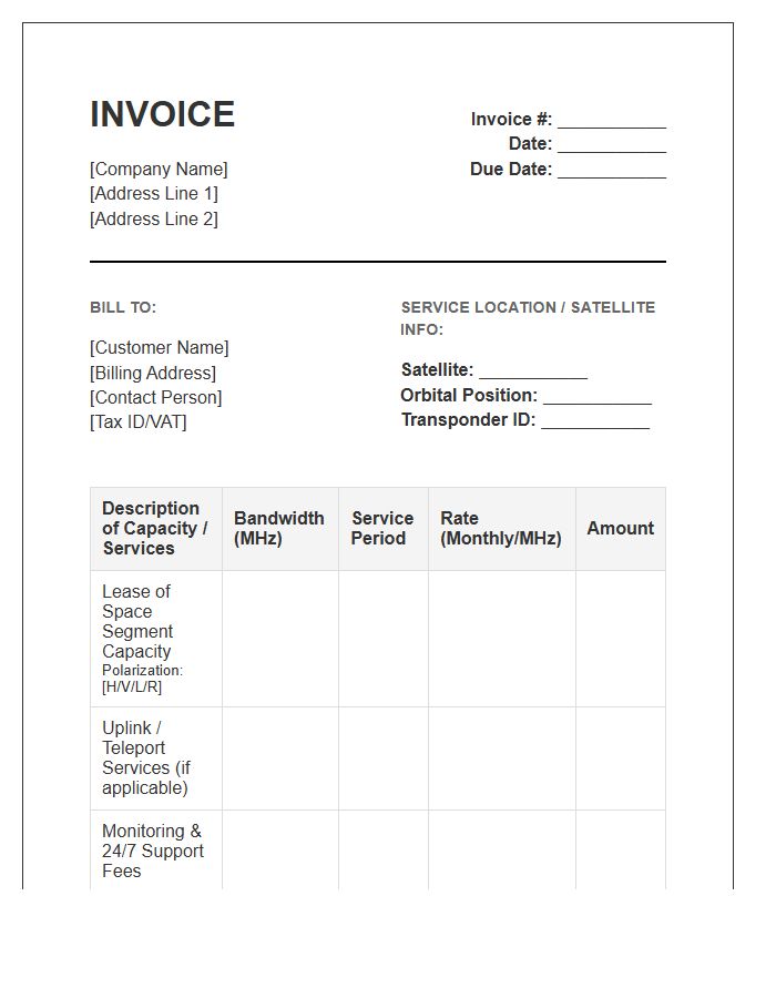 Satellite Transponder Capacity Invoice Template