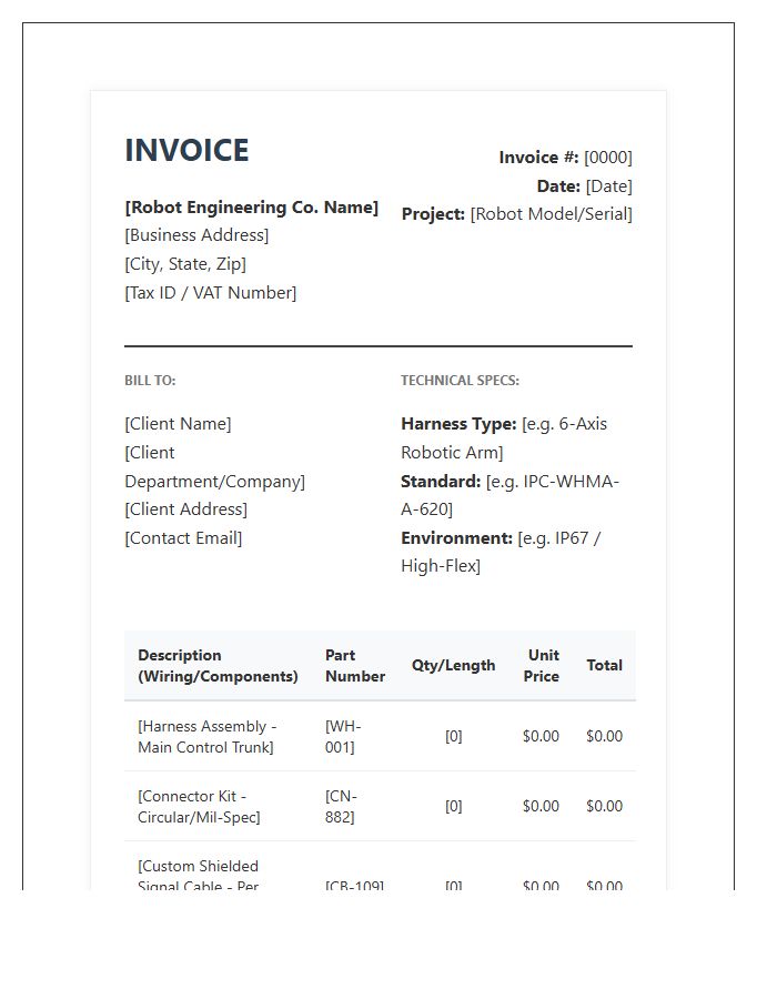 Professional Robot Wiring Harness Invoice Template