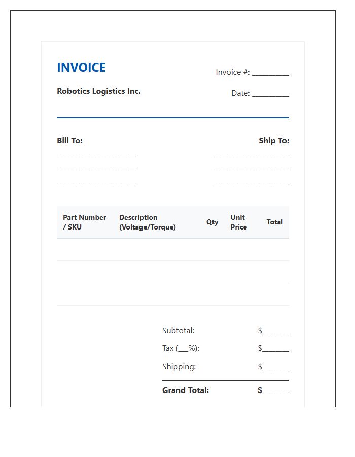 Robotic Servo Motor Component Invoice Template