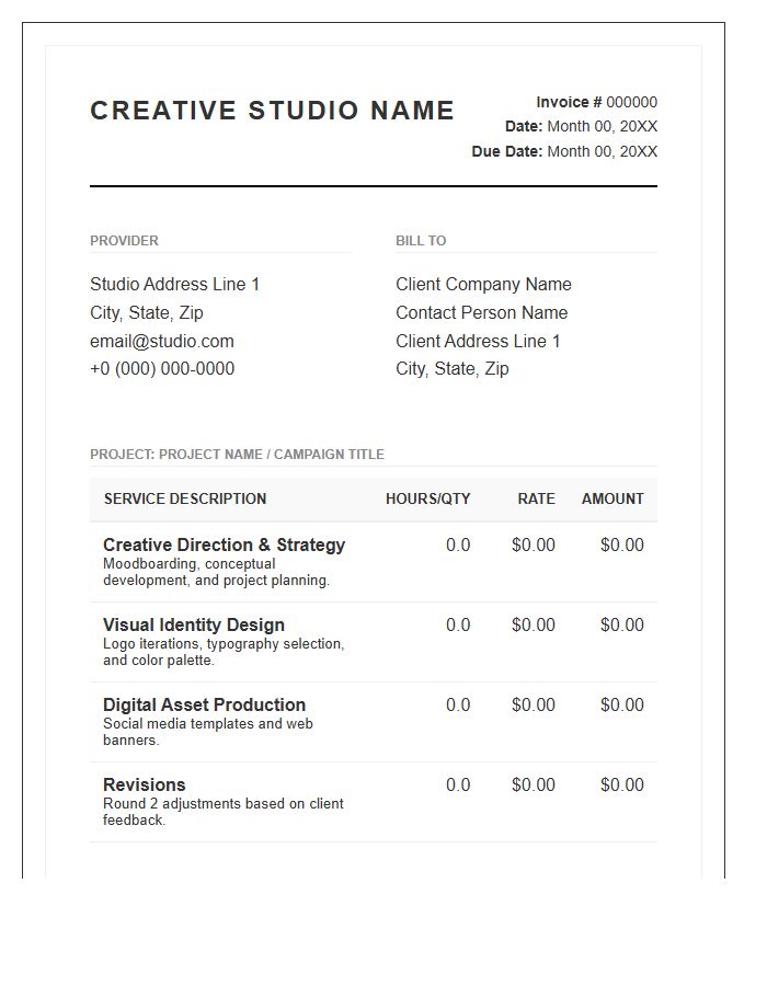 Creative Services Detailed Project Invoice Template