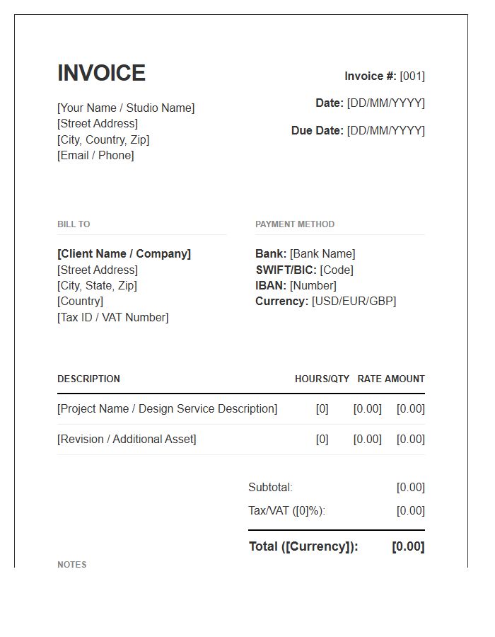 Freelance Designer International Client Invoice Template