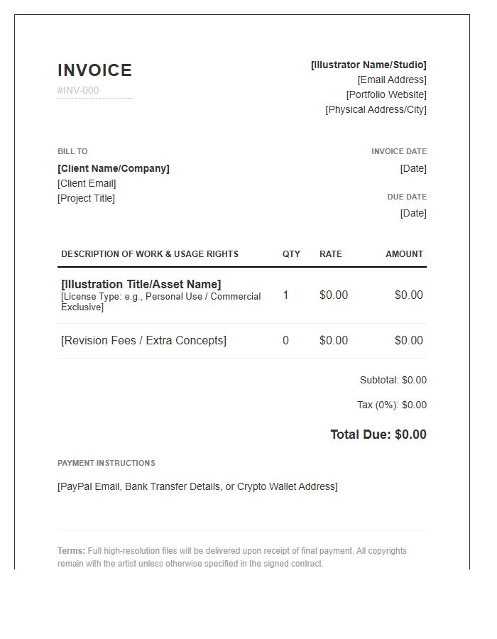 Freelance Illustrator Commission Work Invoice Template