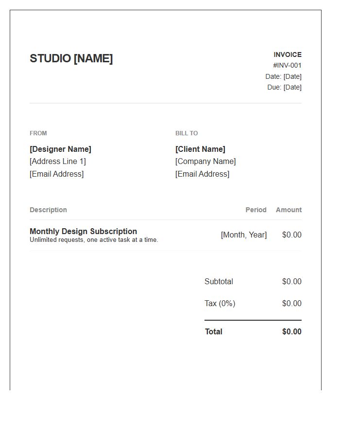 Graphic Designer Monthly Subscription Invoice Template