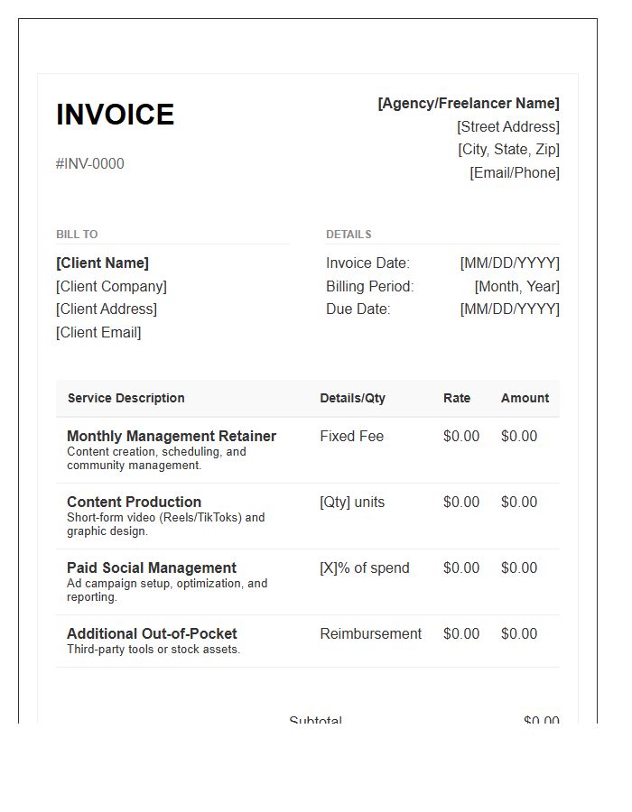 Comprehensive Social Media Retainer Invoice Template
