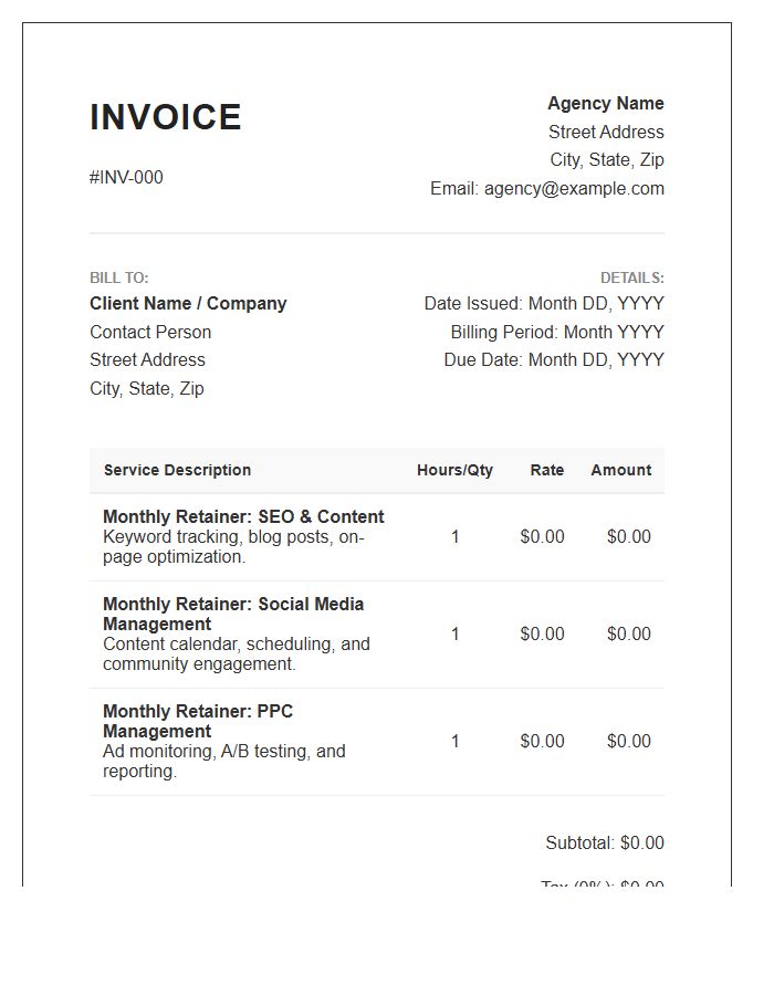 Digital Marketing Retainer Monthly Invoice Template