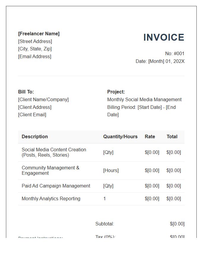 Freelance Social Media Manager Monthly Invoice Template