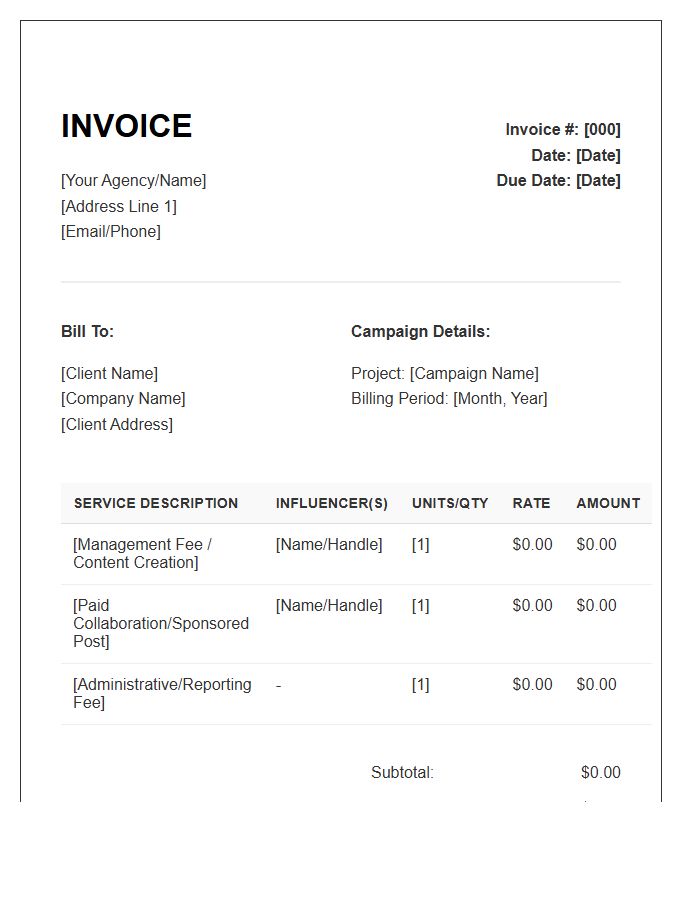 Influencer Marketing Management Monthly Invoice Template