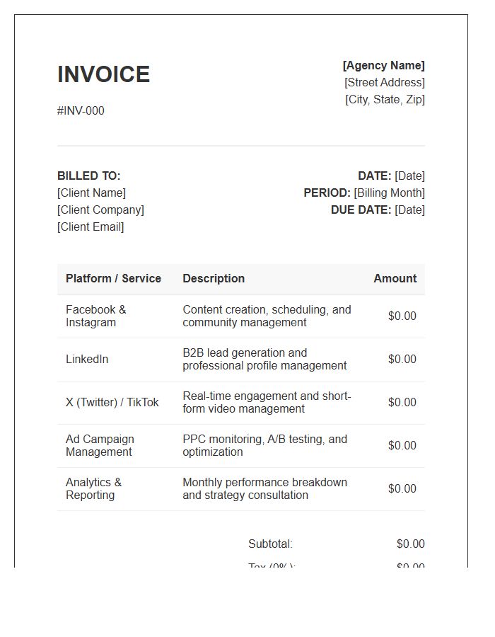 Monthly Multi Platform Management Invoice Template