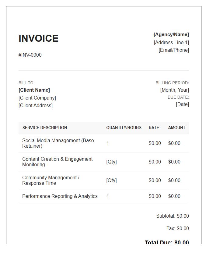 Monthly Social Media Engagement Billing Invoice Template