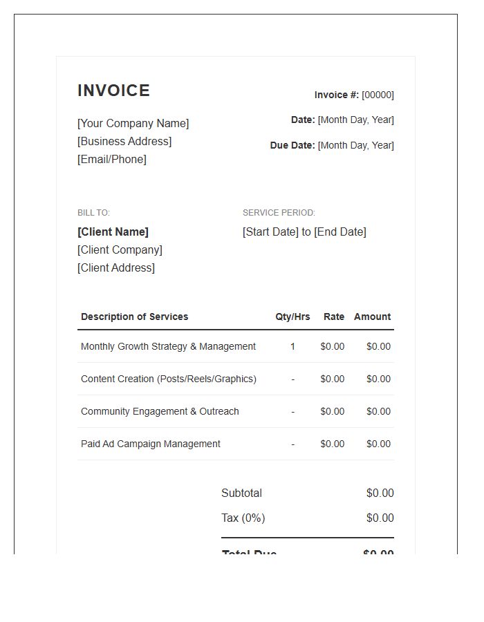 Monthly Social Media Growth Service Invoice Template