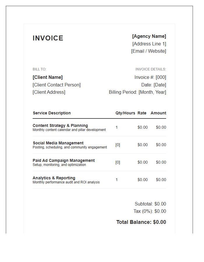 Monthly Social Media Strategy Service Invoice Template
