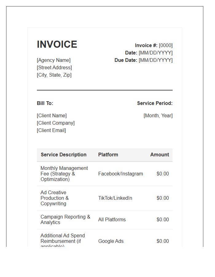 Social Media Advertising Monthly Service Invoice Template