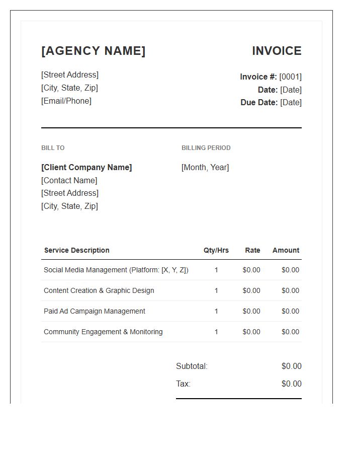 Social Media Agency Monthly Service Invoice Template