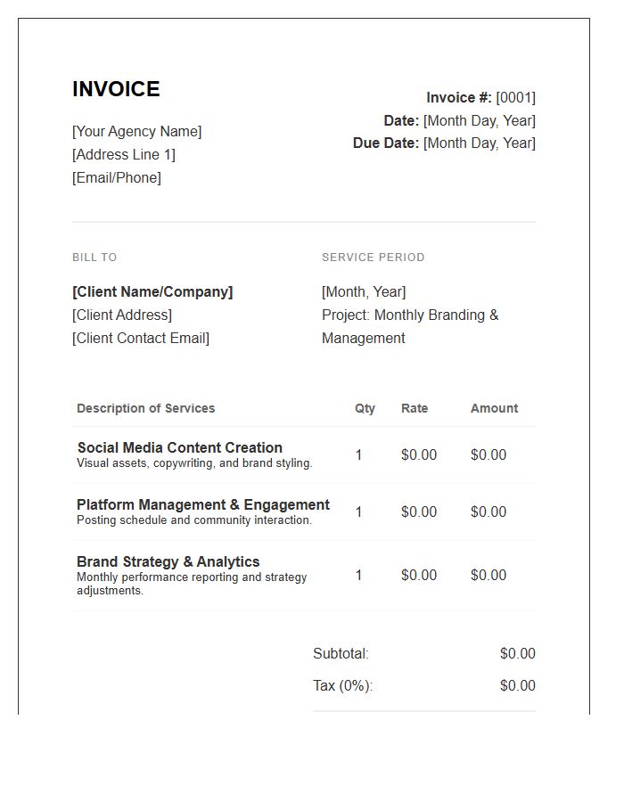Social Media Branding Monthly Service Invoice Template