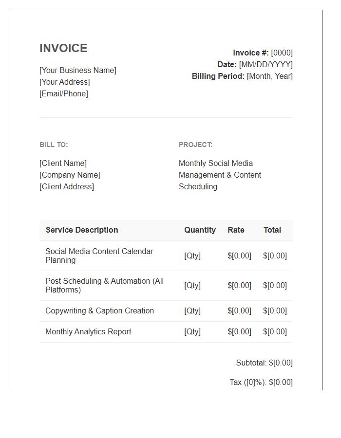Social Media Content Scheduling Monthly Invoice Template