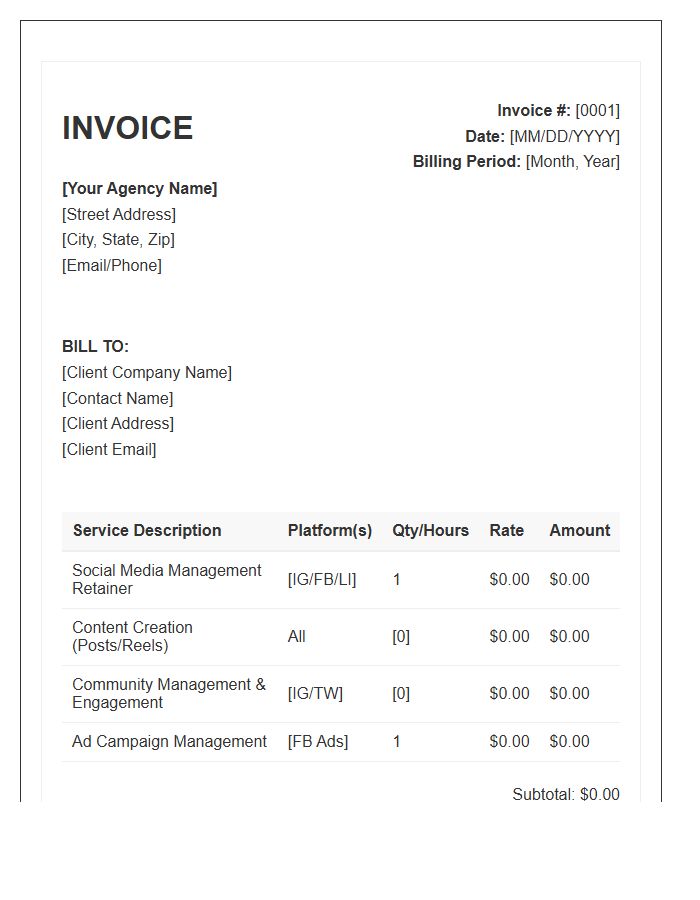 Social Media Management Monthly Billing Invoice Template