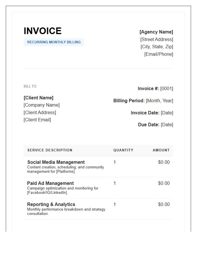 Social Media Marketing Recurring Billing Invoice Template