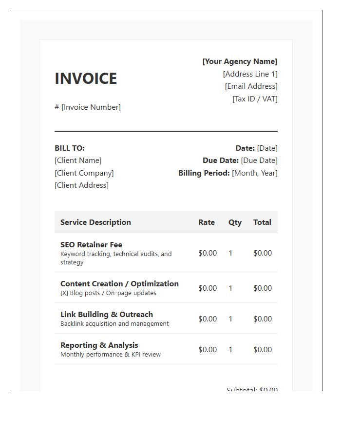 Monthly SEO Retainer Invoice Template