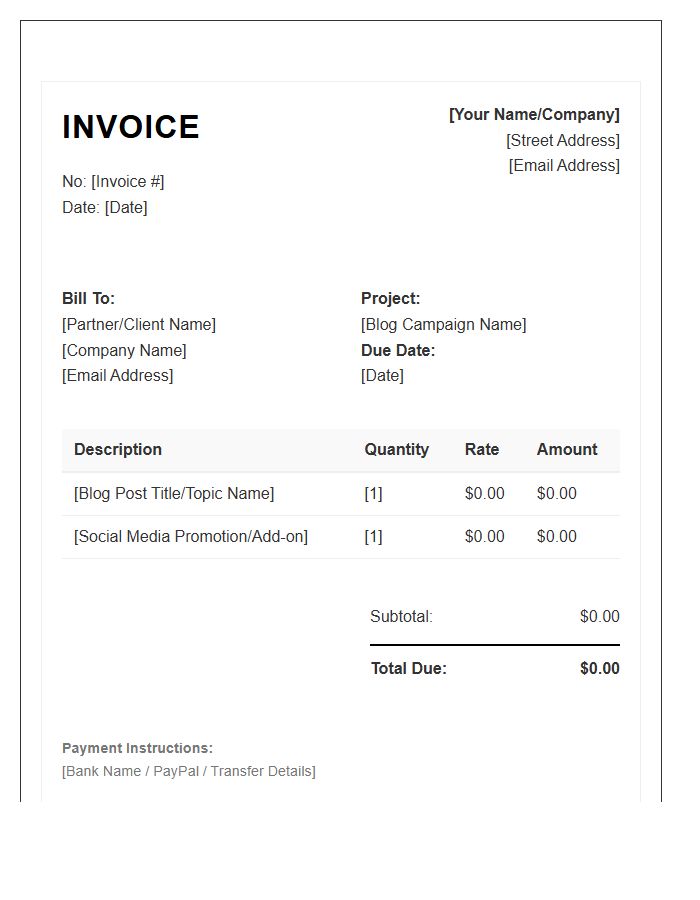 Blog Content Partnership Invoice Template