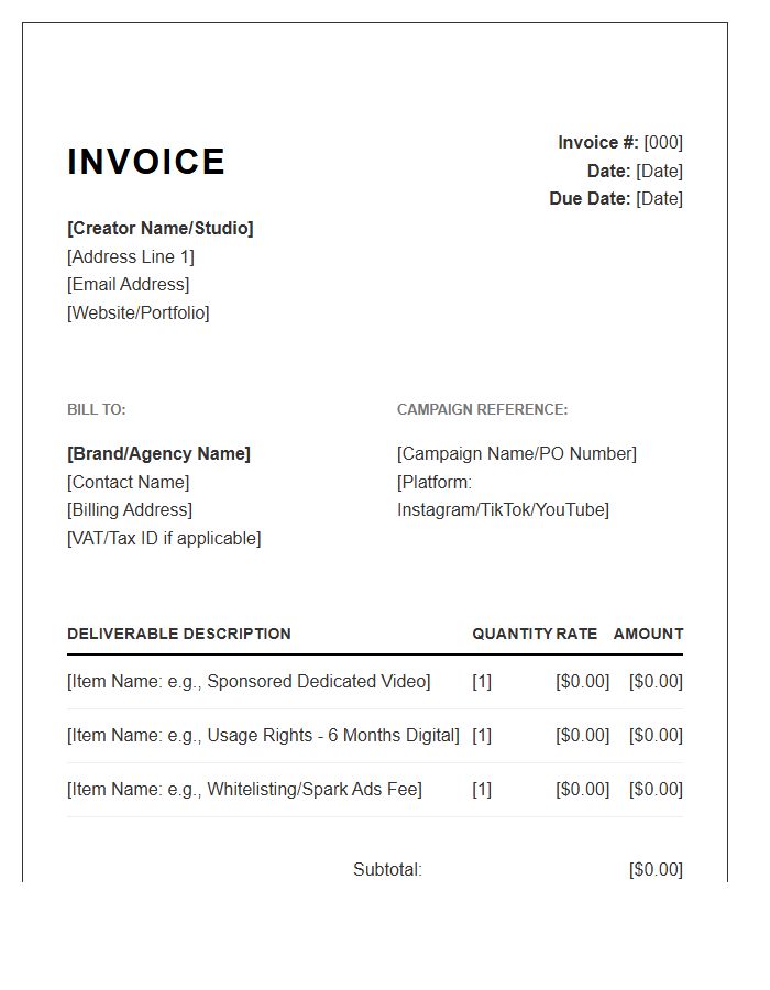 Brand Partnership Digital Content Creator Invoice Template