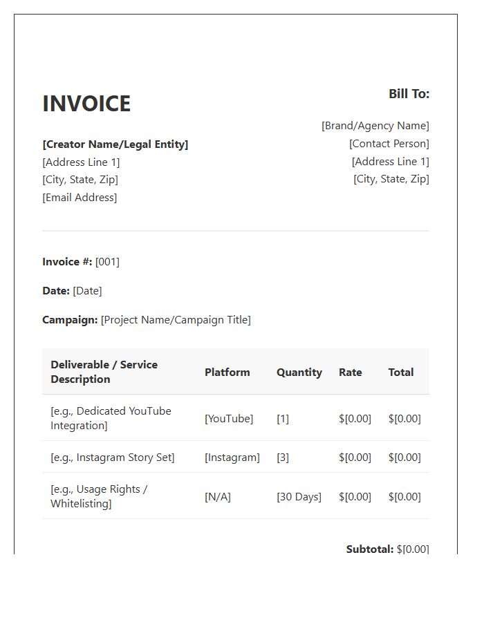 Content Creator Brand Deal Invoice Template