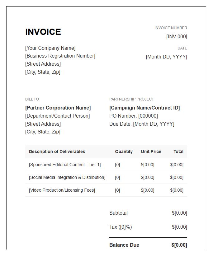 Corporate Content Partnership Invoice Template