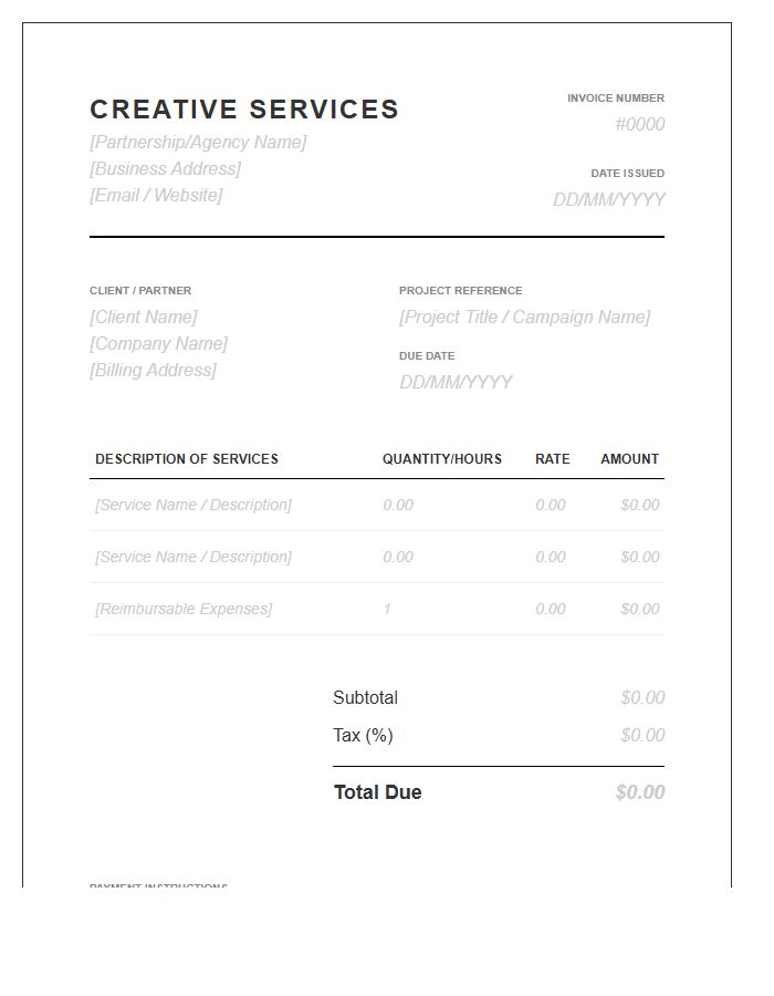 Creative Services Partnership Invoice Template