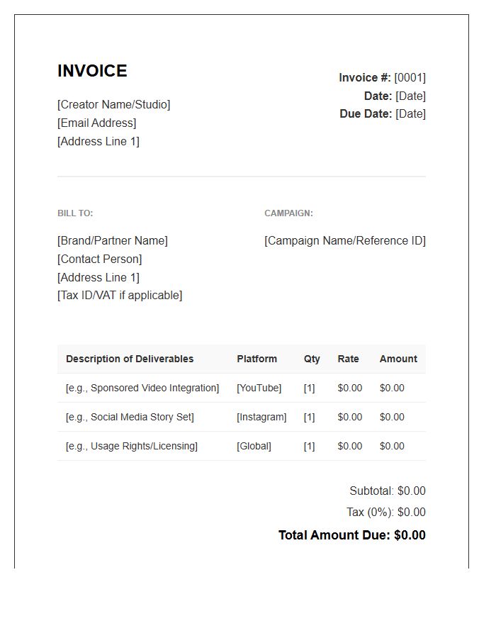 Digital Media Partnership Creator Invoice Template