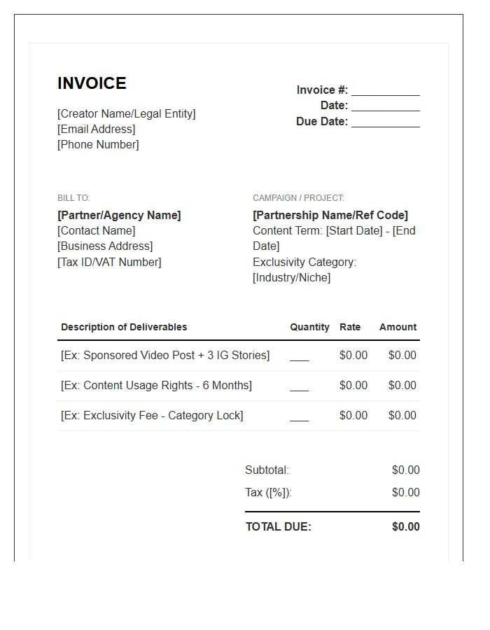 Exclusive Content Creator Partnership Invoice Template