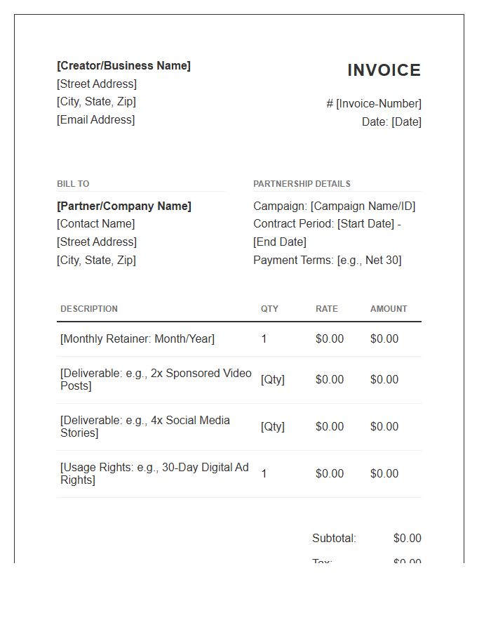 Long Term Content Partnership Invoice Template