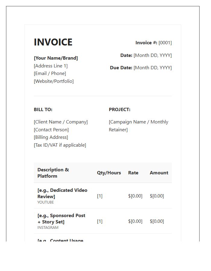 Multi Platform Content Creator Invoice Template
