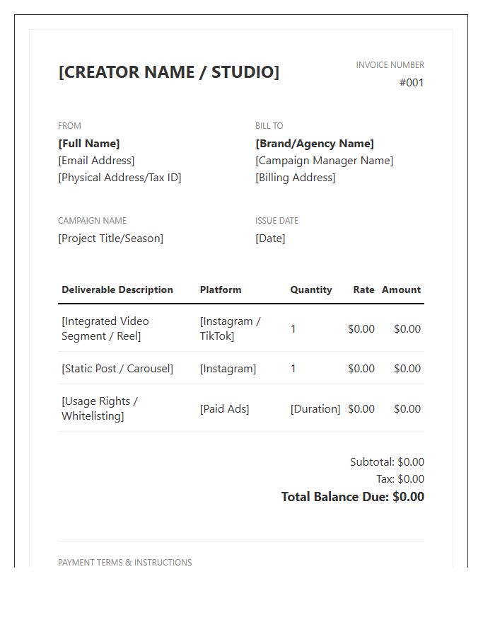 Partnership Deliverables Content Creator Invoice Template