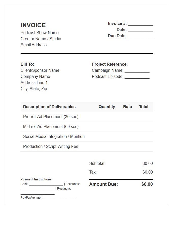 Podcast Content Creator Partnership Invoice Template