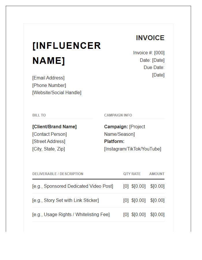 Professional Influencer Partnership Invoice Template